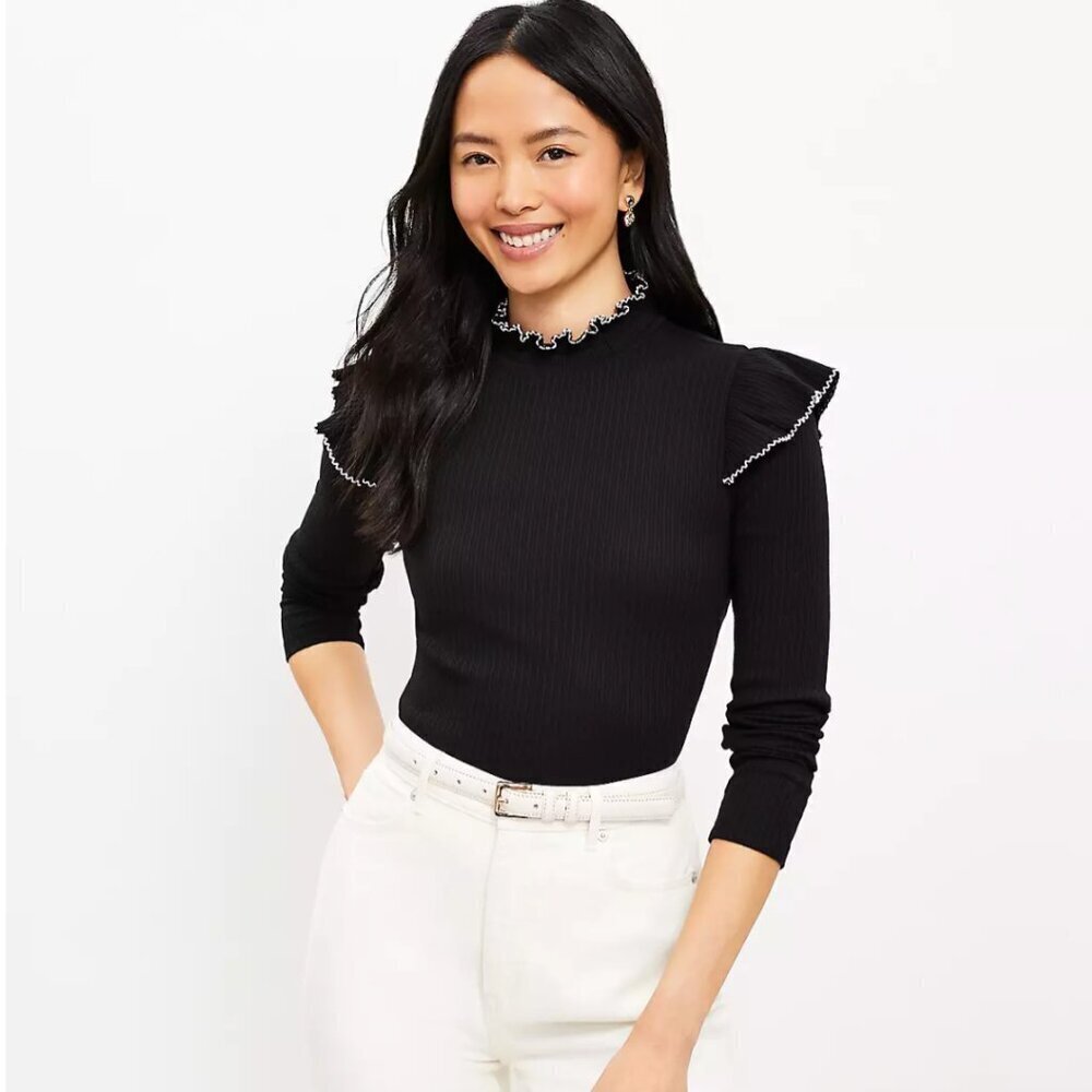 NWT LOFT Pointelle Ribbed Ruffle Top Ruffle High Neck Size XS Preppy Coquette